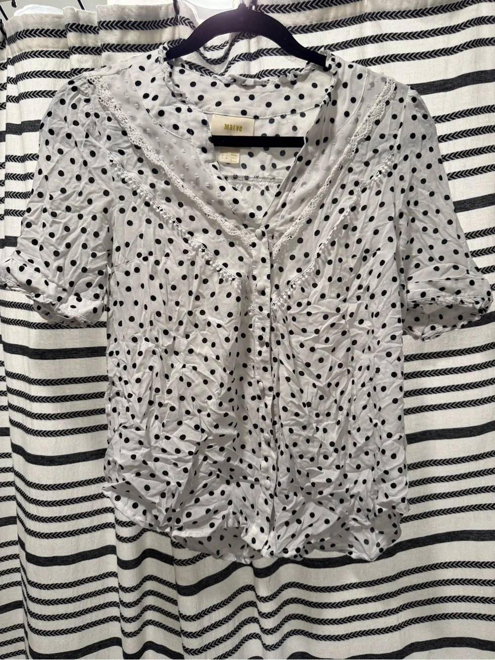 Anthropologie White Blouse with Black Polka Dots